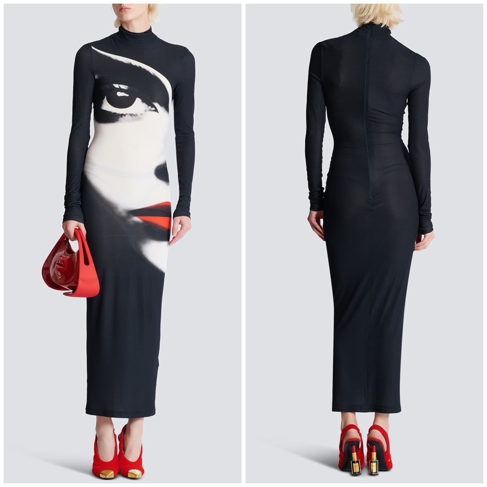 Balmain Bodycon Long Dress with Face Print Stretch Hourglass Black Sz 34 - Picture 1 of 14